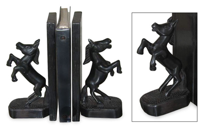 Wood bookends, 'Wild Horses' (pair) - Hand Carved Wood Horse Bookends (Pair)