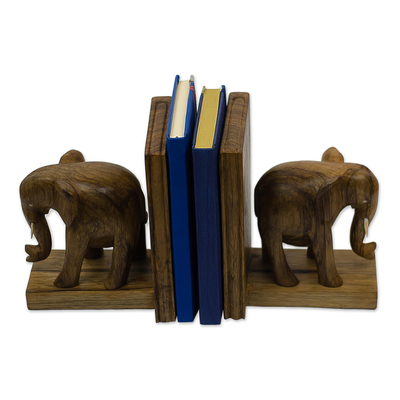 Wood bookends, 'African Elephants' - Hand Carved Wood Bookends
