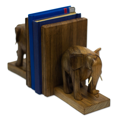 Wood bookends, 'African Elephants' - Hand Carved Wood Bookends