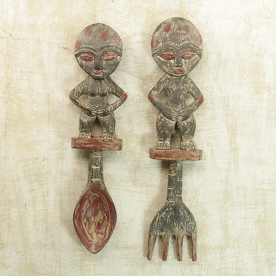 Wood wall adornments, 'Akan Twins' (pair) - Cultural Wood Wall Art (Pair)