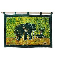 Batik wall hanging, 'Proud African Elephant'
