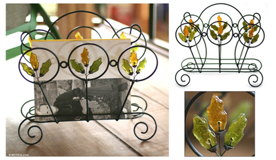 Iron and recycled glass magazine rack, 'Copper Revival' - Iron and Recycled Glass Magazine Rack