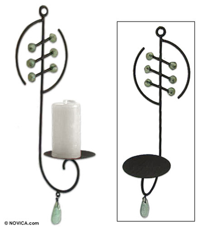 Iron and recycled glass wall candleholder, 'Ashanti Light' - Fair Trade Recycled Glass Wall Sconce from Africa