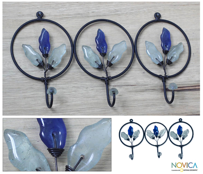 Iron and recycled glass coat rack, 'Blue Revival' - Iron and Recycled Glass Coat Rack
