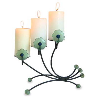 Iron and recycled glass candleholder, 'Natural Flowers' - Iron and recycled glass candleholder