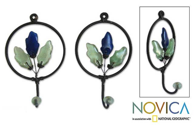Iron and recycled glass coat hooks, 'Blue Revival' (pair) - Iron and Recycled Glass Coat Hooks (Pair)