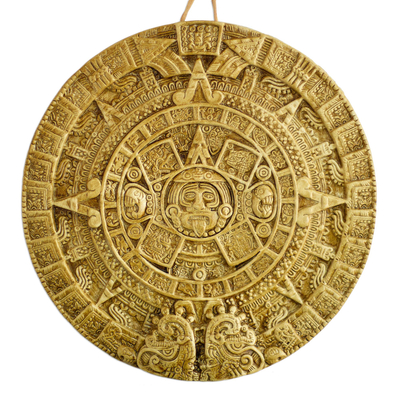 Ceramic plaque, 'Aztec Sun Stone in Tan' (large) - Ceramic plaque (Large)