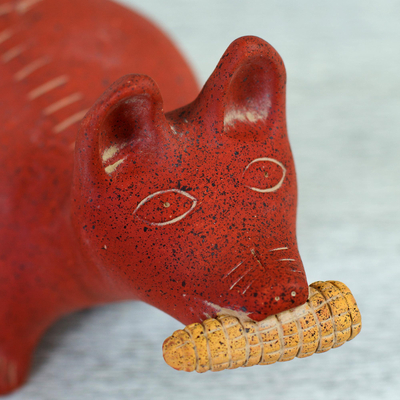 estatuilla de cerámica - Escultura de perro rojo de cerámica arqueológica mexicana hecha a mano