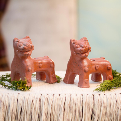 Ceramic vessels, 'Maya Jaguars' (pair) - Mexico 2 Ceramic Museum Replica Cat Vessels Handmade Pair