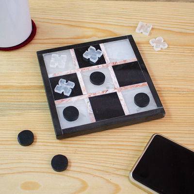 Marble tic-tac-toe set, 'Rose on Black' - Marble Tic Tac Toe Board Game from Mexico