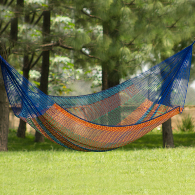 Cotton hammock, 'Colors of Mexico' (double) - Cotton Striped Rope Hammock (Double)