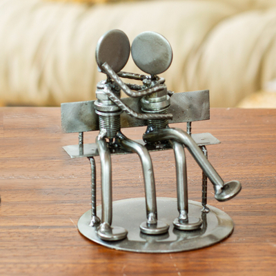 Iron statuette, 'Park Bench Sweethearts' - Romantic Recycled Metal Sculpture from Mexico