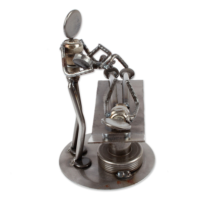 Recycled metal statuette, 'Baby is Born' - Hand Crafted Recycled Auto Parts and Metal Sculpture