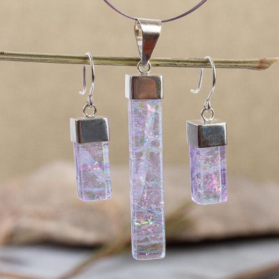 Dichroic art glass jewelry set, 'Magical' - Handcrafted Modern Glass Pendant jewellery Set