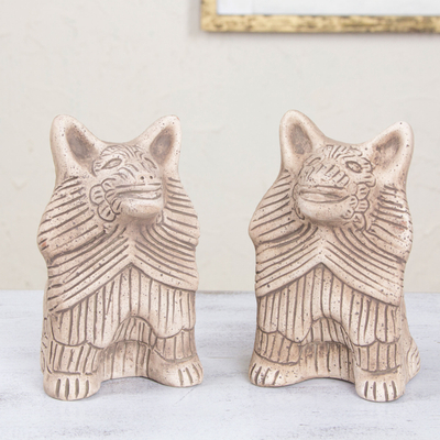 Ceramic statuettes, 'Coyote Battalion' (pair) - 2 Ceramic Aztec Replica Wild Dog Statuettes Mexico (Pair)