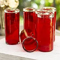 Handblown highball glasses, 'Festive Ruby' (set of 6) - Red Hand Blown Mexican Highball Glasses Set of 6