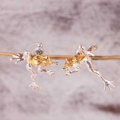 Gold plated drop earrings, 'Celebrated Jumping Frogs' - Unique Gold Accent Button Frog Earrings