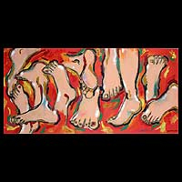 „Many Feet“ – Menschen und Porträts Rote surrealistische Malerei