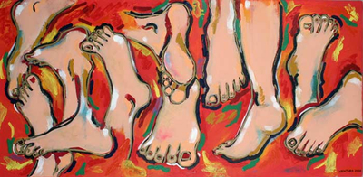 „Many Feet“ – Menschen und Porträts Rote surrealistische Malerei