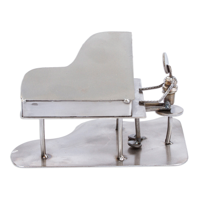 Iron statuette, 'Rustic Piano Man' - Artisan Crafted Recycled Metal and Car Part Rustic Sculpture