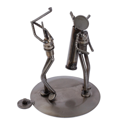 Iron statuette, 'Rustic Golfer' - Recycled Metal Auto Parts Golf Sculpture