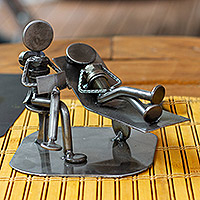 Iron statuette, 'Rustic Psychotherapist' - Unique Recycled Metal Eco Sculpture from Mexico