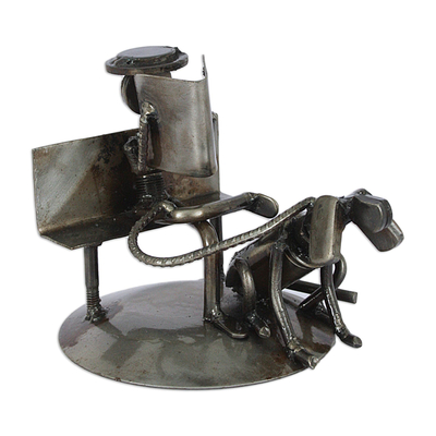 Auto part sculpture, 'Rustic Friends' - Auto Part Sculpture Recycled Metal Art Man and Dog Mexico