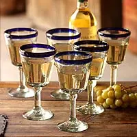 Copas de vino, 'Chardonnay' (juego de 6) - Copas de vino sopladas a mano, juego de 6 copas con borde azul México