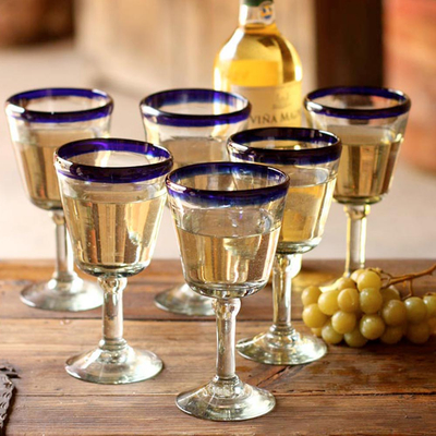 Copas de vino, 'Chardonnay' (juego de 6) - Copas de vino sopladas a mano, juego de 6 copas con borde azul México