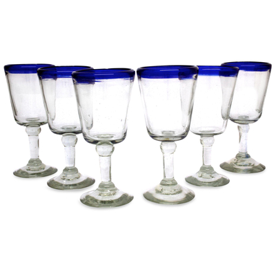 Wine glasses, 'Chardonnay' (set of 6) - Hand Blown Wine Glasses Set of 6 Blue Rim Goblets Mexico