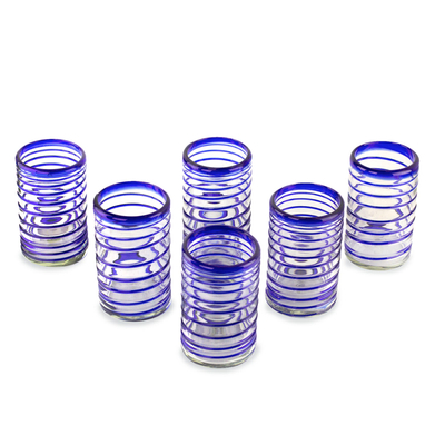 Vasos de vidrio soplado, (juego de 6) - Vaso de agua azul rayado de vidrio reciclado soplado a mano 6