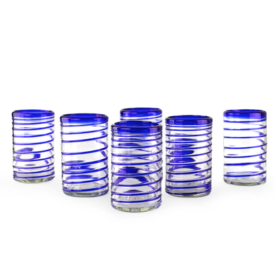 Blown glass drinking glasses, 'Spirals of Thought' (set of 6) - Handblown Recycled Glass Striped Blue Water Drinkware 6