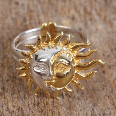 Gold accented sterling silver cocktail ring, 'Shadows on the Moon' - Sun and Moon Gold Plated Cocktail Ring
