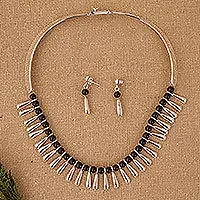 Obsidian-Schmuckset, „Chantico-Göttin“ – handgefertigtes Taxco-Schmuckset aus Silber und Obsidian