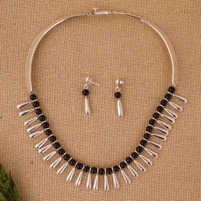 Obsidian jewelry set, 'Chantico Goddess' - Handcrafted Taxco Silver and Onyx Choker Necklace