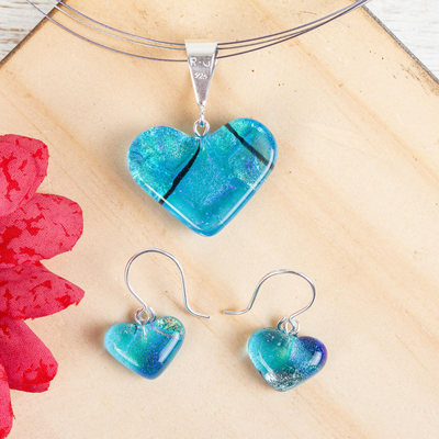 Dichroic art glass jewelry set, 'Caribbean Heart' - Mexican Heart Shaped Glass Pendant and Earrings Jewelry Set