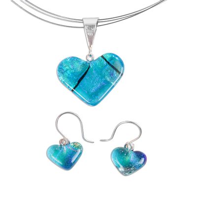 Dichroic art glass jewelry set, 'Caribbean Heart' - Mexican Heart Shaped Glass Pendant and Earrings Jewelry Set