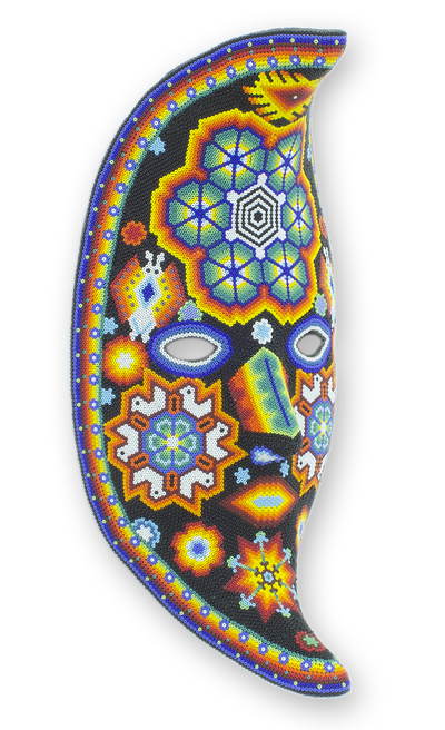 Beadwork mask, 'The Moon's Healing Magic' - Handcrafted Huichol Papier Mache Mask from Mexico
