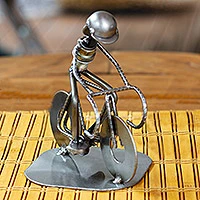 Iron statuette, 'Rustic Cyclist' - Original Iron Bicycle Statuette Recyled Car Parts Mexico