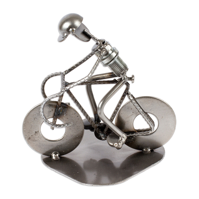 Iron statuette, 'Rustic Cyclist' - Original Iron Bicycle Statuette Recyled Car Parts Mexico