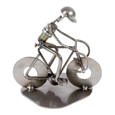Iron statuette, 'Rustic Cyclist' - Original Iron Bicycle Statuette Recyled Car Parts Mexico
