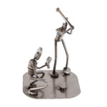 Iron statuette, 'Rustic Baseball Players' - Handcrafted Recycled Metal Rustic Sports Sculpture Mexico