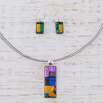 Dichroic art glass jewelry set, 'Galaxy Window' - Handcrafted Modern Glass Pendant jewellery Set from Mexico