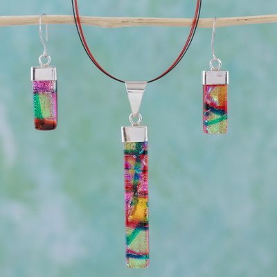 Dichroic art glass jewelry set, 'Radiant Red' - Dichroic art glass jewelry set