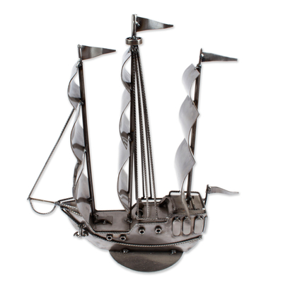 Iron statuette, 'Rustic Galleon' - Handcrafted Mexican Recycled Metal Rustic Boat Sculpture