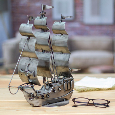 Iron statuette, 'Rustic Galleon' - Handcrafted Mexican Recycled Metal Rustic Boat Sculpture