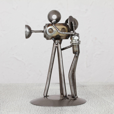 Iron statuette, 'Rustic Camera Man' - Recycled Metal Auto Parts Sculpture Eco Friendly Mexico
