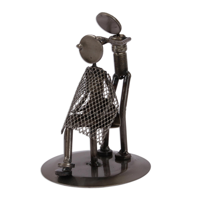 Auto part statuette, 'Haircut' - Metal Barber Sculpture Recycled Auto Parts Handmade Mexico