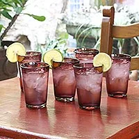 Handblown drink tumblers, 'Amethyst' (set of 6) - Purple Handblown Glass Recycled Tumbler Drinkware (Set of 6)