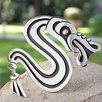 Sterling silver brooch pin pendant, 'Aztec Serpent'